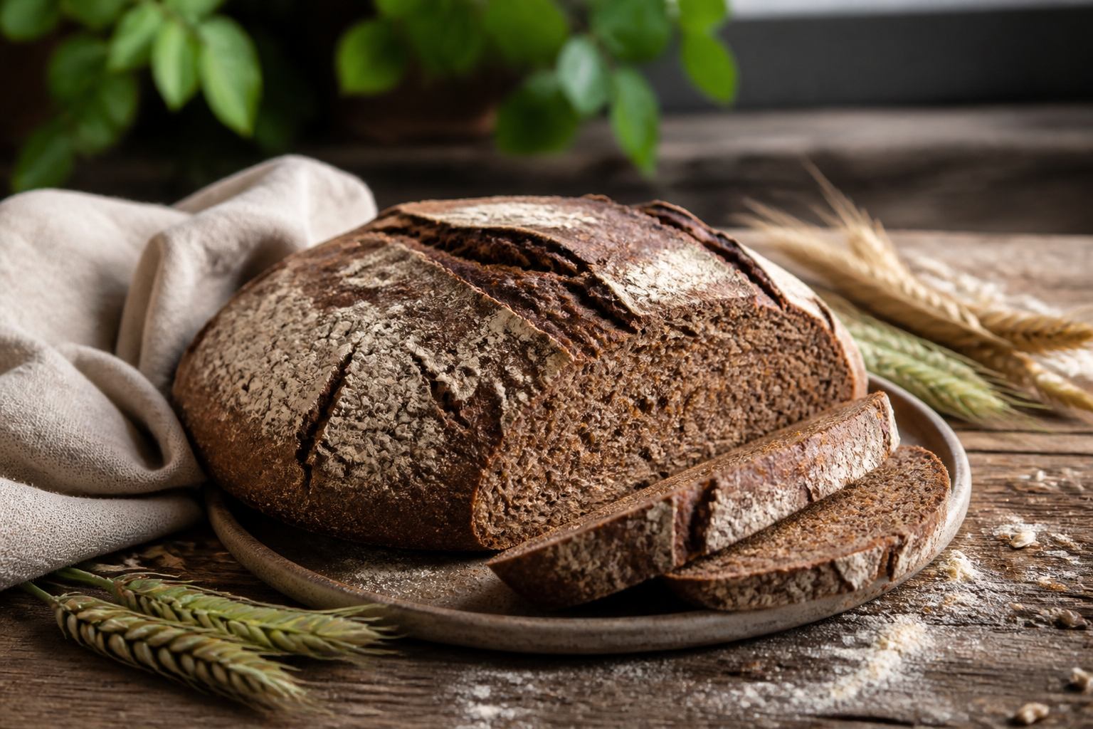 Frisches Roggenbrot auf Holztisch mit Leinentuch und Getreideähren