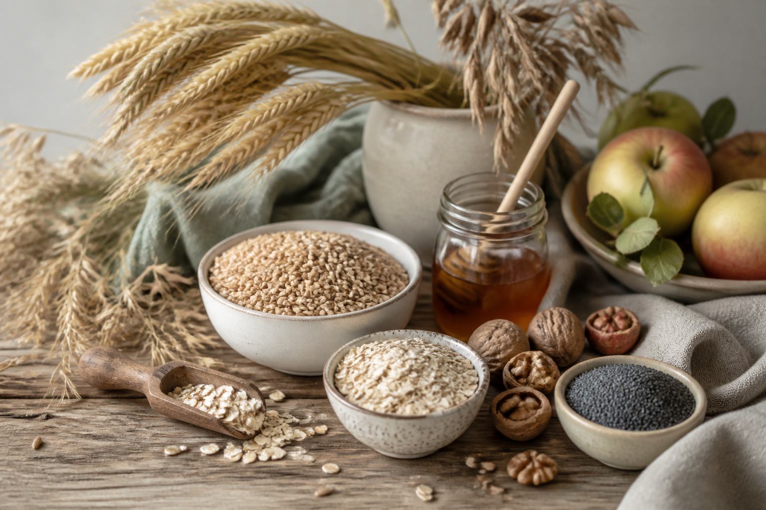 Roggenähren, Äpfel, Nüsse und Honig auf Holztisch