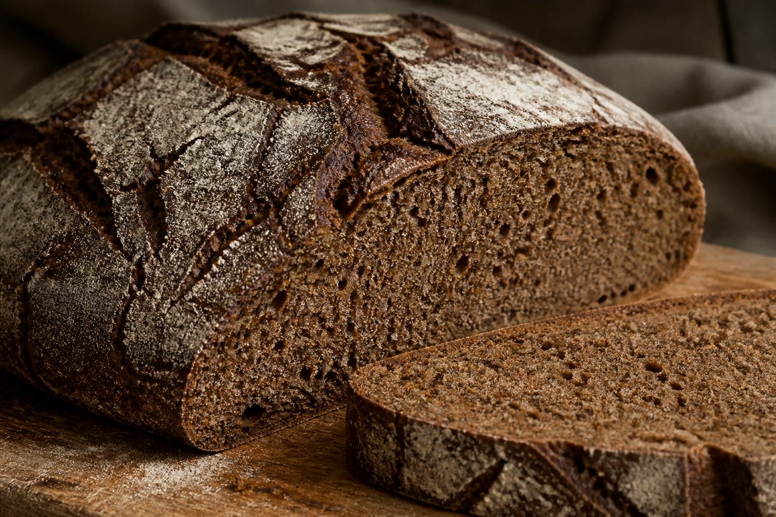 Dunkle Roggenkruste mit Mehlstaub auf Holzbrett