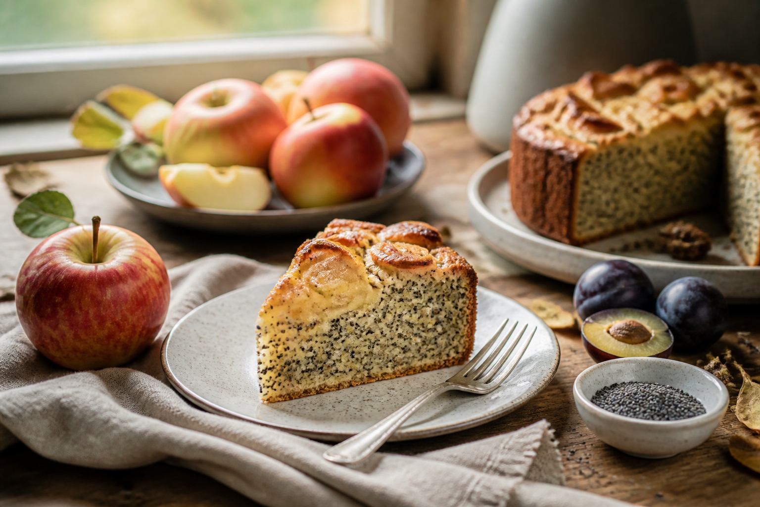 Apfel-Mohn-Kuchen und saisonale Früchte auf Holztisch