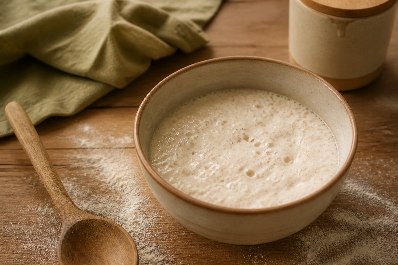 Sauerteig in Keramikschale mit Blasenbildung
