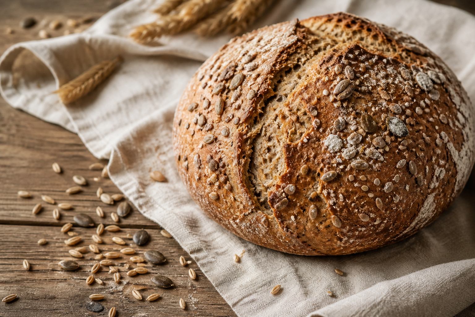 Dinkelbrot mit Samen auf Leinenstoff