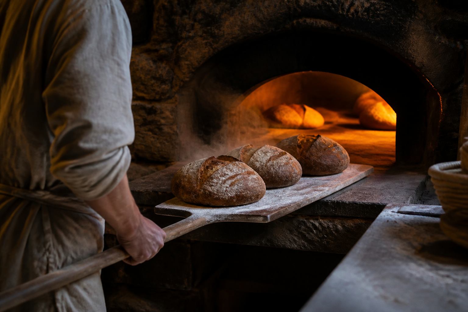 Brot wird aus dunklem Steinofen genommen